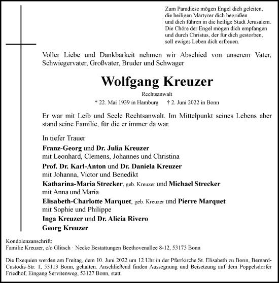 Anzeige von Wolfgang Kreuzer von General-Anzeiger Bonn