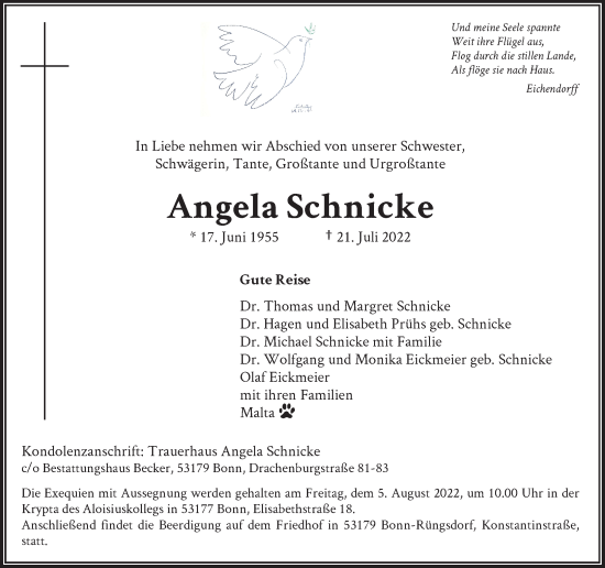 Anzeige von Angela Schnicke von General-Anzeiger Bonn