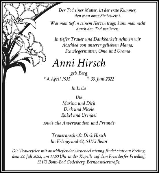 Anzeige von Anni Hirsch von General-Anzeiger Bonn