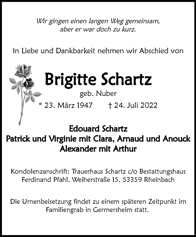  Traueranzeige für Brigitte Schartz vom 30.07.2022 aus General-Anzeiger Bonn