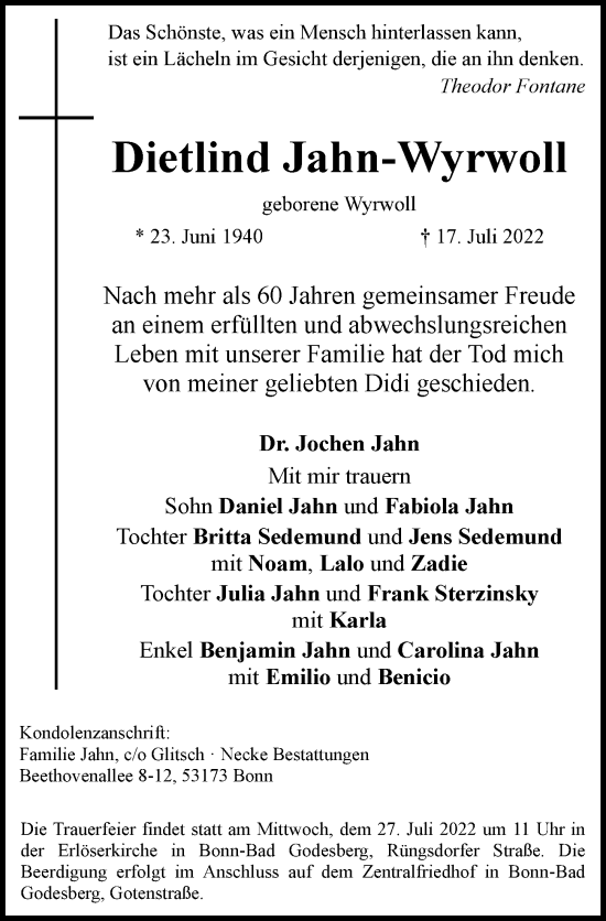 Anzeige von Dietlind Jahn-Wyrwoll von General-Anzeiger Bonn