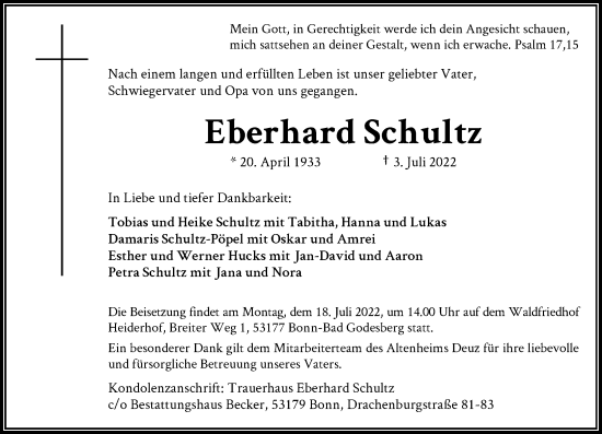 Anzeige von Eberhard Schultz von General-Anzeiger Bonn