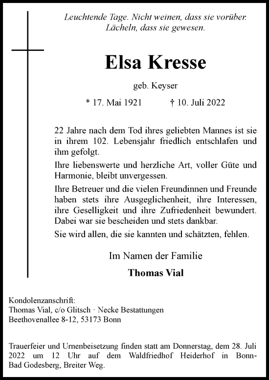 Anzeige von Elsa Kresse von General-Anzeiger Bonn
