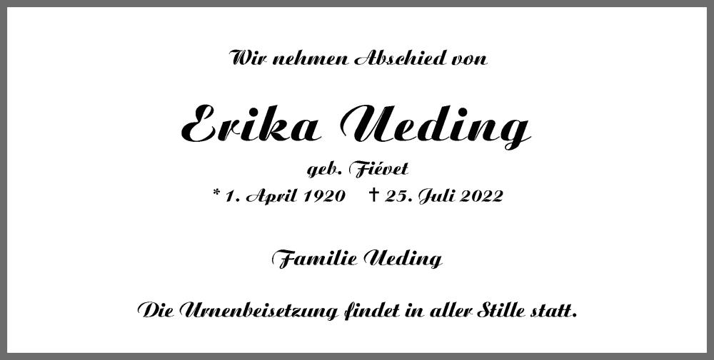  Traueranzeige für Erika Ueding vom 30.07.2022 aus General-Anzeiger Bonn