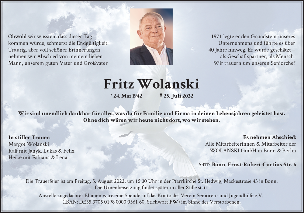  Traueranzeige für Fritz Wolanski vom 30.07.2022 aus General-Anzeiger Bonn