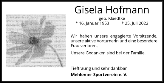 Anzeige von Gisela Hofmann von General-Anzeiger Bonn