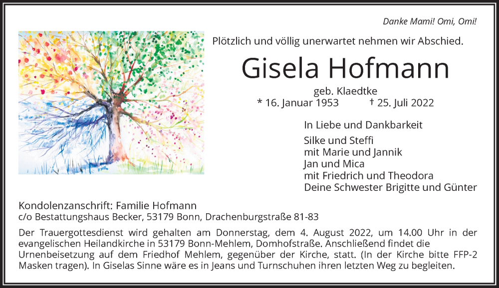  Traueranzeige für Gisela Hofmann vom 30.07.2022 aus General-Anzeiger Bonn