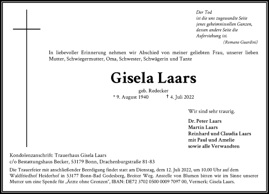 Anzeige von Gisela Laars von General-Anzeiger Bonn