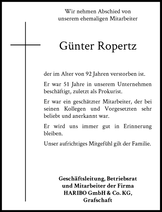 Anzeige von Günter Ropertz von General-Anzeiger Bonn