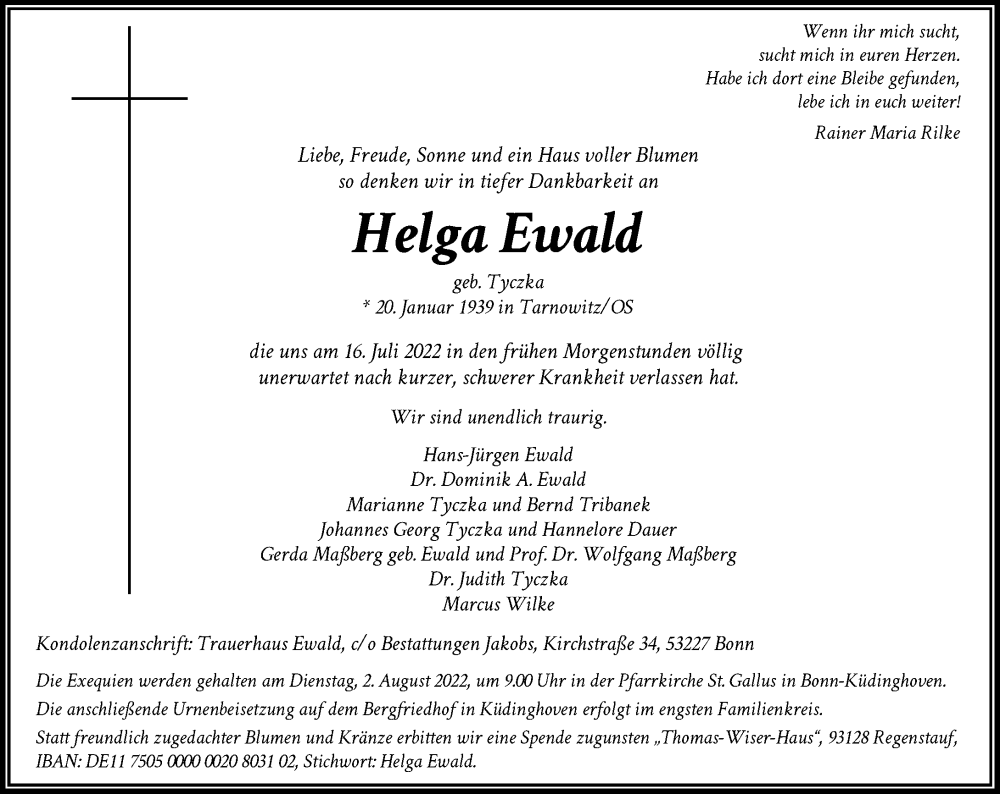  Traueranzeige für Helga Ewald vom 23.07.2022 aus General-Anzeiger Bonn