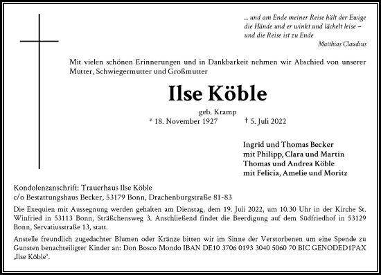 Anzeige von Ilse Köble von General-Anzeiger Bonn