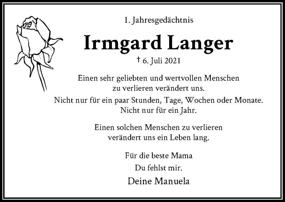  Traueranzeige für Irmgard Langer vom 09.07.2022 aus General-Anzeiger Bonn