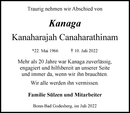 Anzeige von Kanaharajah Canaharathinam von General-Anzeiger Bonn