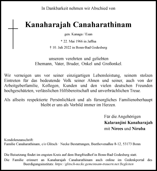 Anzeige von Kanaharajah Canaharathinam von General-Anzeiger Bonn