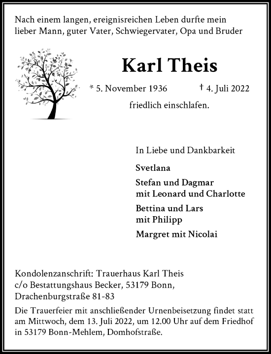 Anzeige von Karl Theis von General-Anzeiger Bonn