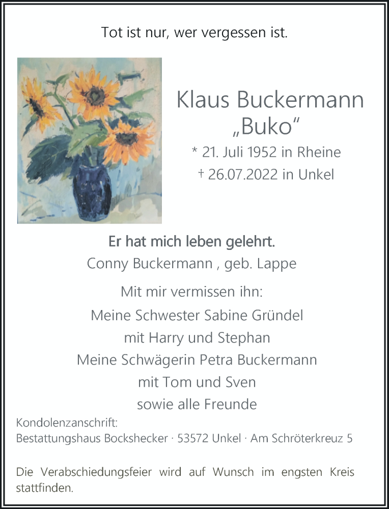  Traueranzeige für Klaus Buckermann vom 30.07.2022 aus General-Anzeiger Bonn