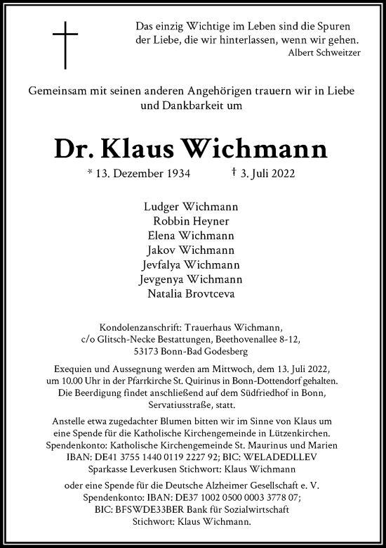 Anzeige von Klaus Wichmann von General-Anzeiger Bonn