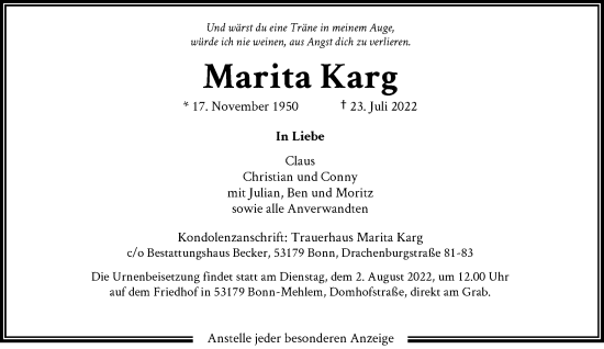 Anzeige von Marita Karg von General-Anzeiger Bonn