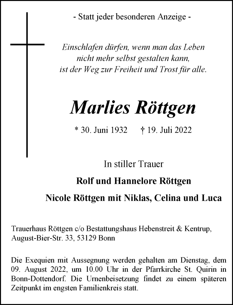  Traueranzeige für Marlies Röttgen vom 06.08.2022 aus General-Anzeiger Bonn