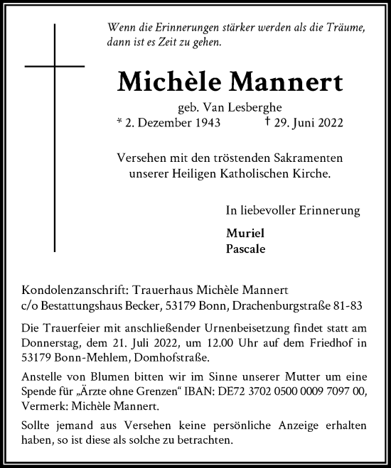 Anzeige von Michèle Mannert von General-Anzeiger Bonn
