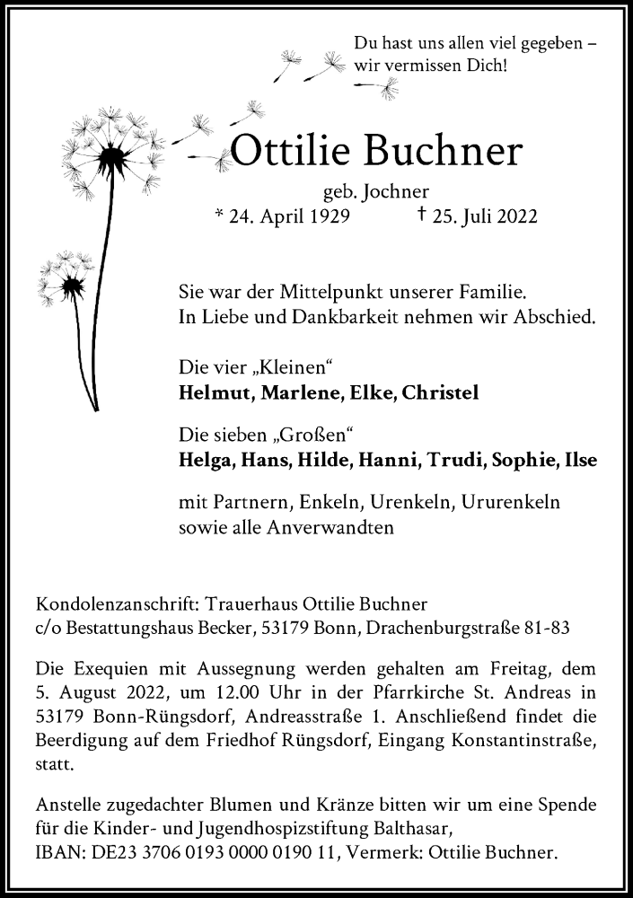  Traueranzeige für Ottilie Buchner vom 30.07.2022 aus General-Anzeiger Bonn