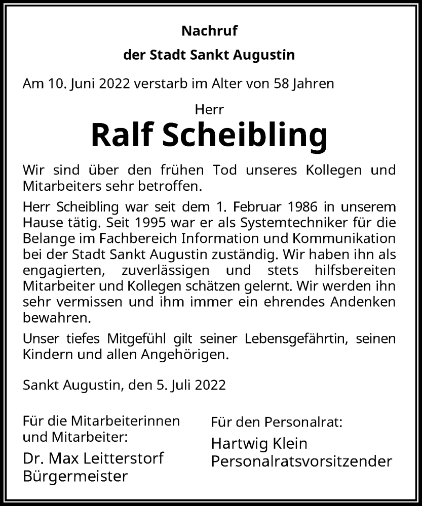  Traueranzeige für Ralf Scheibling vom 13.07.2022 aus General-Anzeiger Bonn