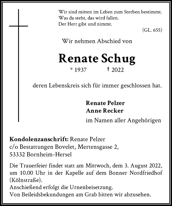 Anzeige von Renate Schug von General-Anzeiger Bonn