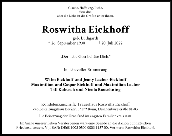 Anzeige von Roswitha Eickhoff von General-Anzeiger Bonn