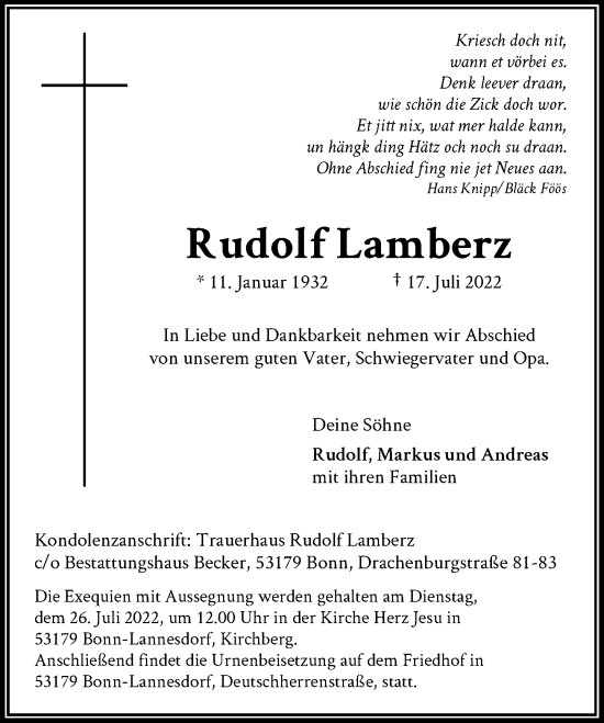 Anzeige von Rudolf Lamberz von General-Anzeiger Bonn