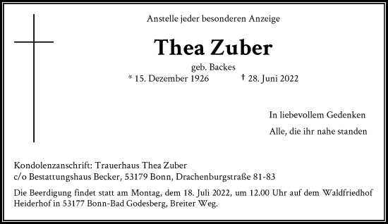 Anzeige von Thea Zuber von General-Anzeiger Bonn