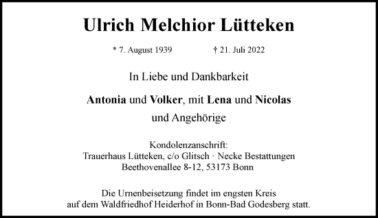 Anzeige von Ulrich Melchior Lütteken von General-Anzeiger Bonn