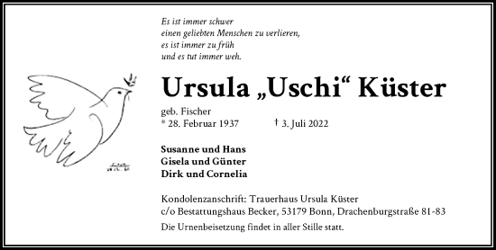 Anzeige von Ursula Küster von General-Anzeiger Bonn