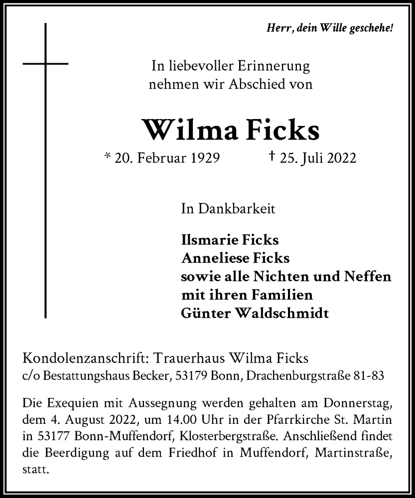  Traueranzeige für Wilma Ficks vom 30.07.2022 aus General-Anzeiger Bonn