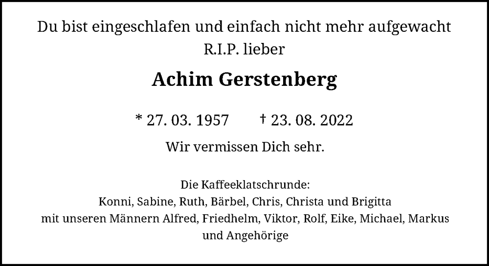 Traueranzeige für Achim Gerstenberg vom 27.08.2022 aus General-Anzeiger Bonn