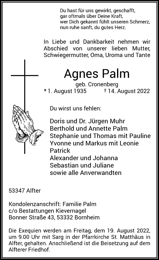 Anzeige von Agnes Palm von General-Anzeiger Bonn
