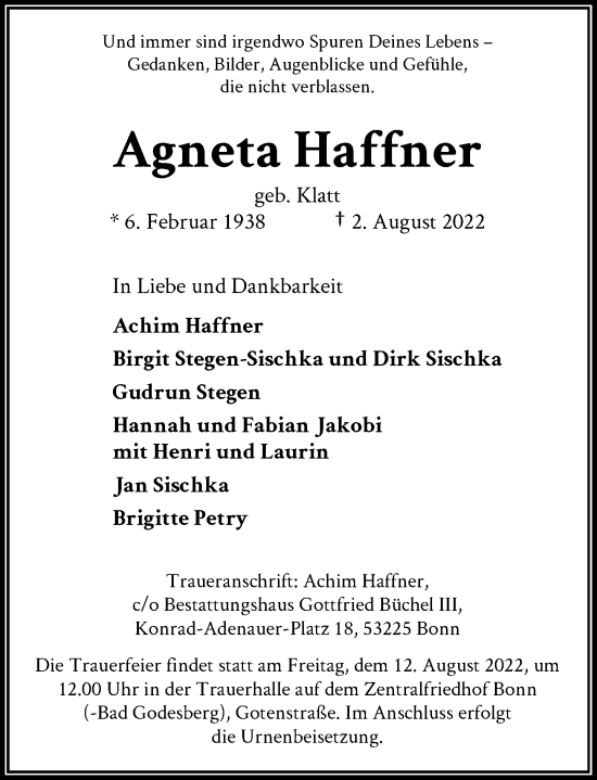 Anzeige von Agneta Haffner von General-Anzeiger Bonn
