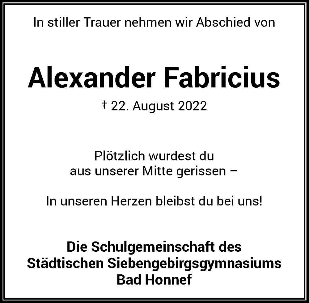  Traueranzeige für Alexander Fabricius vom 01.09.2022 aus General-Anzeiger Bonn