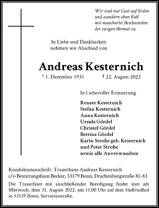Anzeige von Andreas Kesternich von General-Anzeiger Bonn