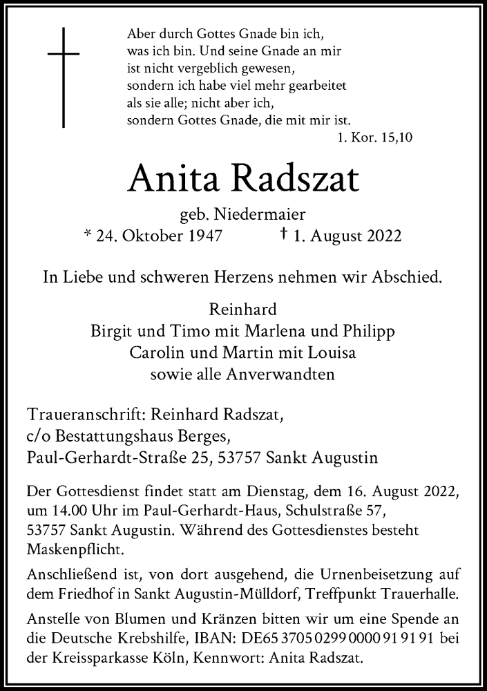  Traueranzeige für Anita Radszat vom 06.08.2022 aus General-Anzeiger Bonn