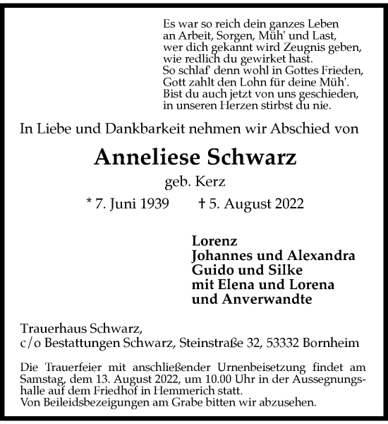 Anzeige von Anneliese Schwarz von General-Anzeiger Bonn