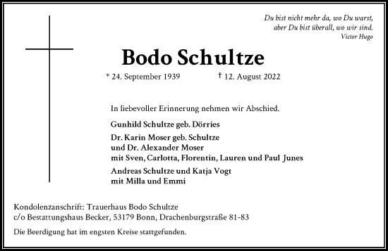 Anzeige von Bodo Schultze von General-Anzeiger Bonn