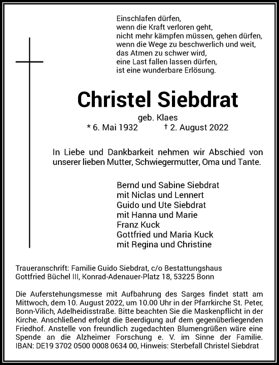 Anzeige von Christel Siebdrat von General-Anzeiger Bonn