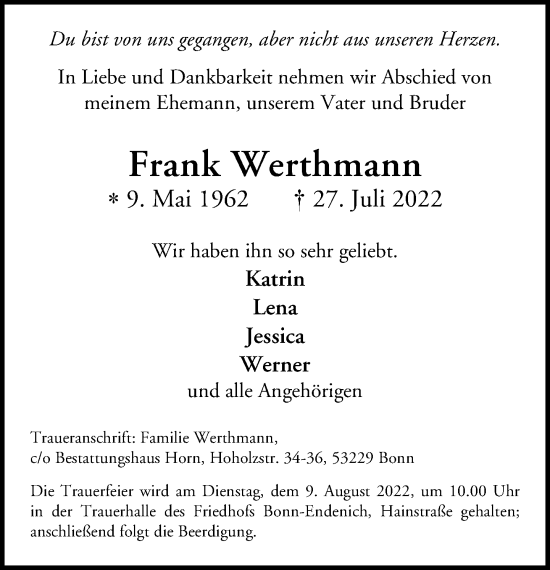 Anzeige von Frank Werthmann von General-Anzeiger Bonn