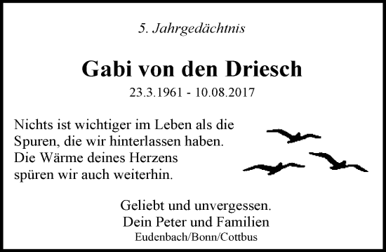 Anzeige von Gabi von den Driesch von General-Anzeiger Bonn