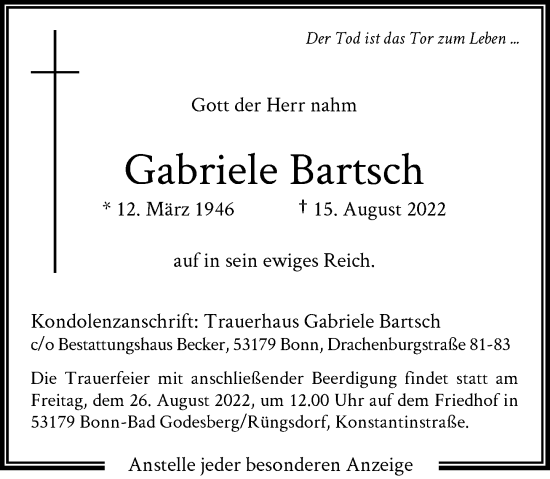 Anzeige von Gabriele Bartsch von General-Anzeiger Bonn