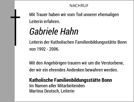 Anzeige von Gabriele Hahn von General-Anzeiger Bonn