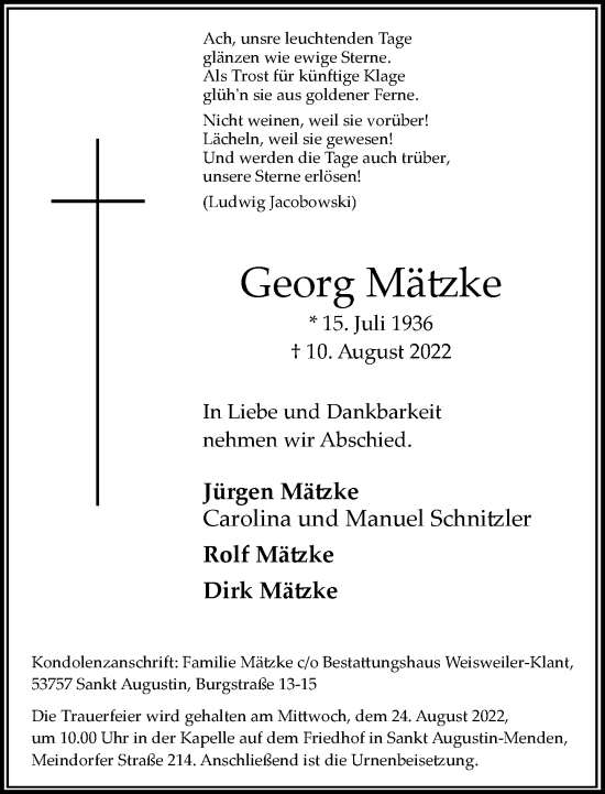 Anzeige von Georg Mätzke von General-Anzeiger Bonn