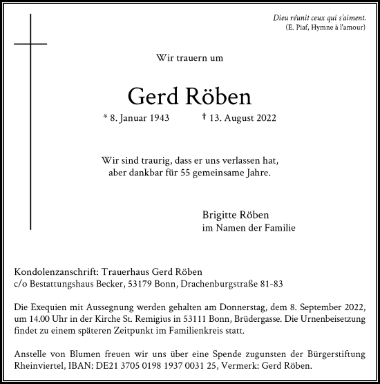 Anzeige von Gerd Röben von General-Anzeiger Bonn