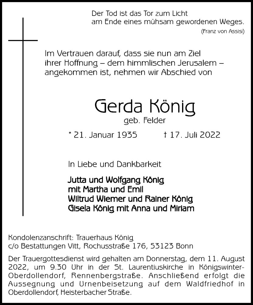  Traueranzeige für Gerda König vom 06.08.2022 aus General-Anzeiger Bonn