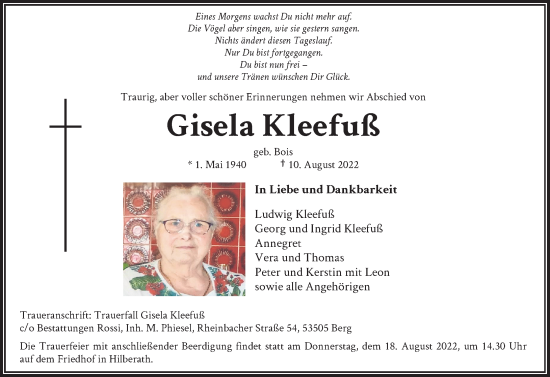 Anzeige von Gisela Kleefuß von General-Anzeiger Bonn